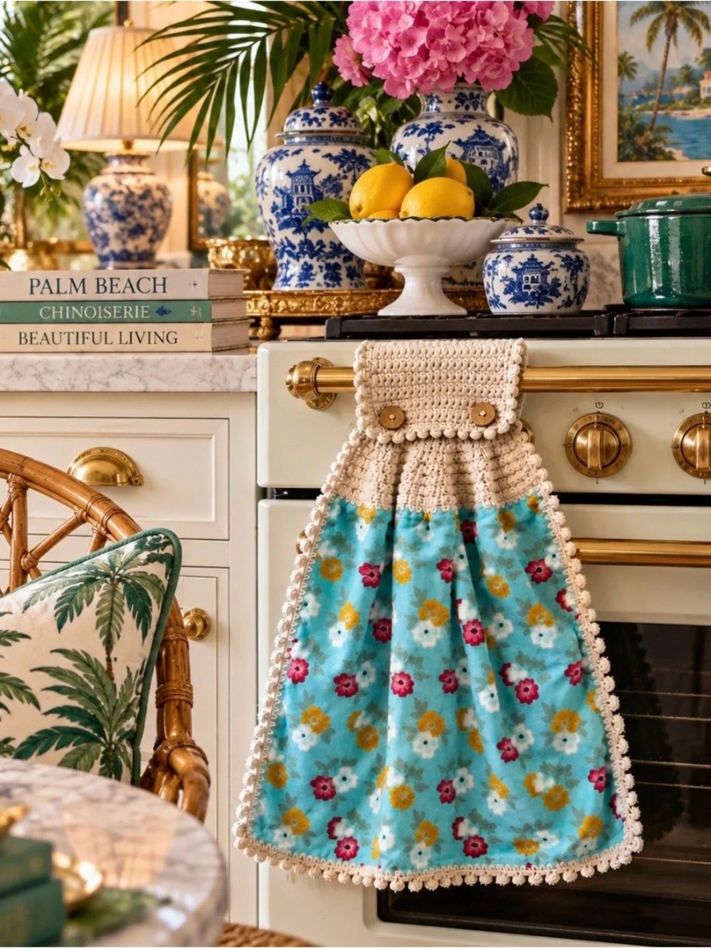 Handmade Pioneer Woman Turquoise Floral Crochet Hanging Kitchen Towel
